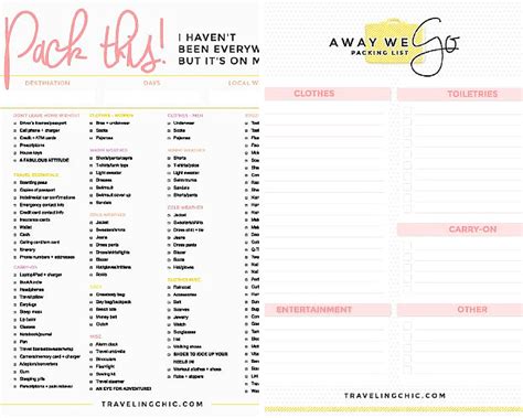 printable packing lists traveling chic