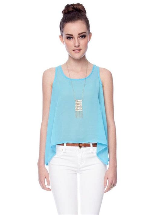 uneven sides sheer tank top in sky blue online clothing boutiques