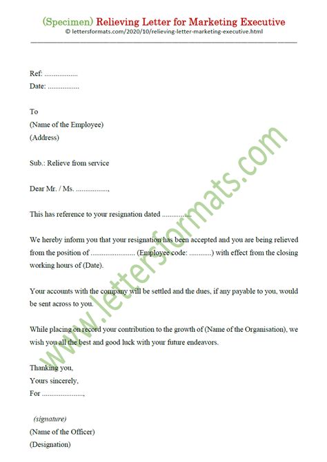 relieving letter  marketing executive manager format