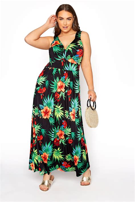 maxi jurk met tropische bloemenprint en strikdetail voor  zwart  clothing