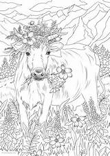 Cow Flowers Coloring Pages Adult Printable Adults Favoreads Flower Book Colouring Animal Sheets Horse Spring Drawing Club Sold Etsy Nature sketch template