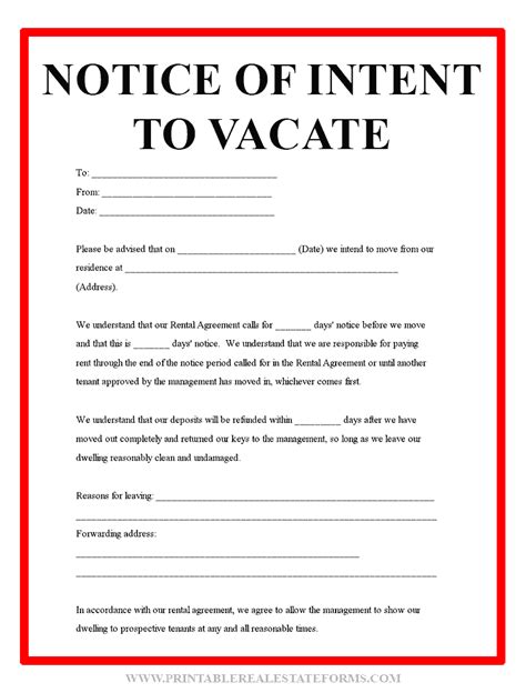 printable notice  intent  vacate form sample