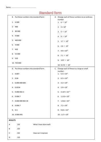 standard form worksheet teaching resources