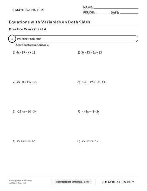 solving equations  variables   sides worksheet  grade