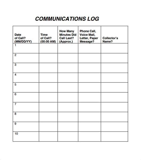 communication log templates   printable word  excel log