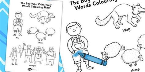 boy  cried wolf words colouring sheet childrens learning boys
