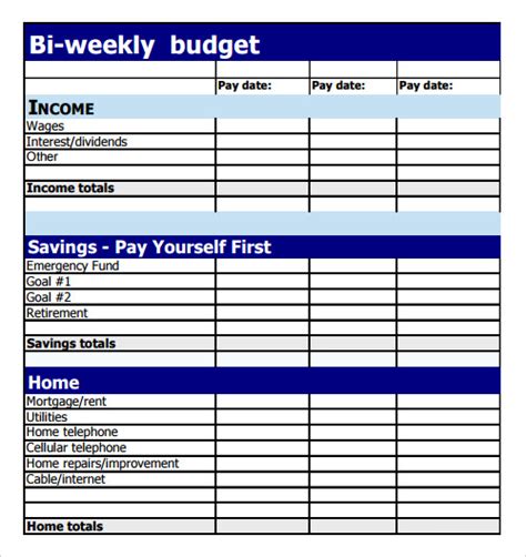 bi weekly budget template business