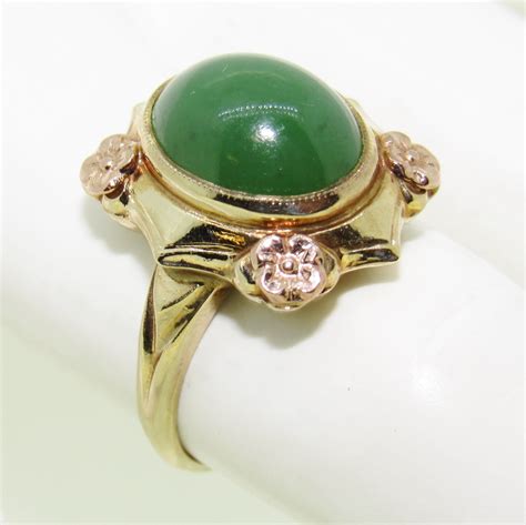 Victorian 10k Yellow Gold Green Jade And Rose Gold Ring Etsy Rose