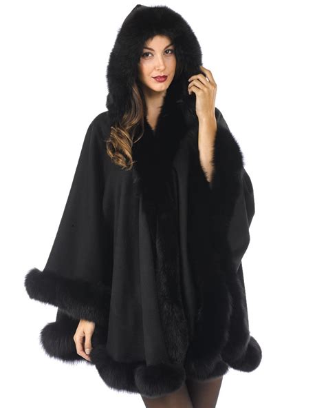 dinah cashmere cape  detachable hood fox fur trim furhatworldcom