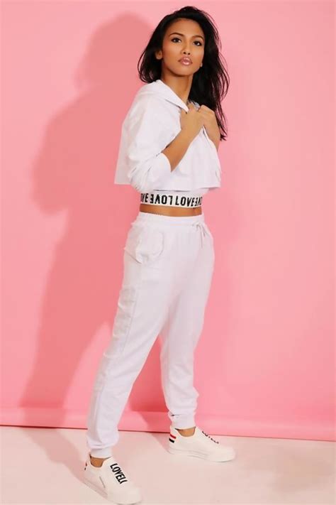 Wholesale White Love Top Crop Hoodie And Jogger 3 Piece Set