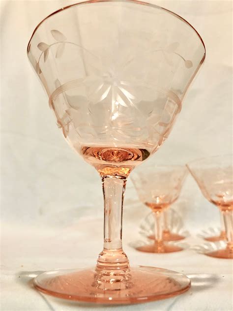 Vintage Blush Pink Depression Glass Wine Cocktail Glasses Set Of Nine