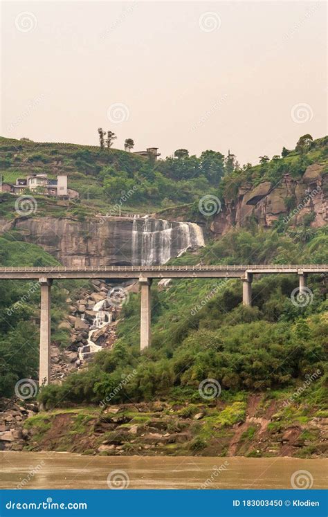 flat road bridge  tall waterfall  yangtze river china stock