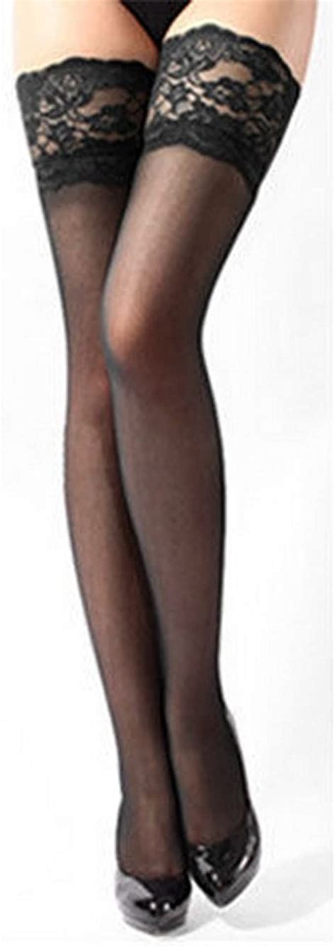 Sexy Women Ultrathin Lace Top Sheer Thigh High Silk Stockings Black
