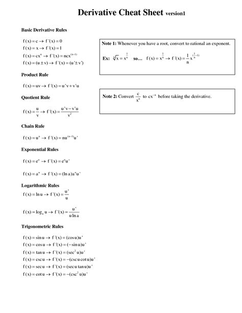 differentiation cheat sheet google search quotient rule