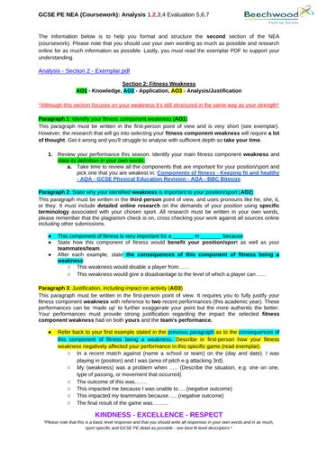 aqa gcse pe nea coursework guide analysis section  fitness weakness