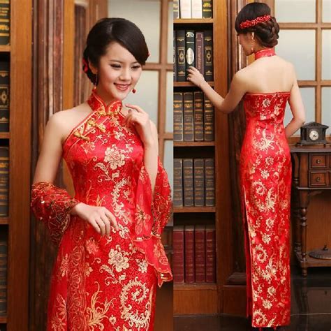 luxury women lace silk slim chinese dresses long cheongsam dress improved red halter neckline