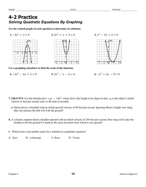 solving quadratic equations  graphing worksheet answers