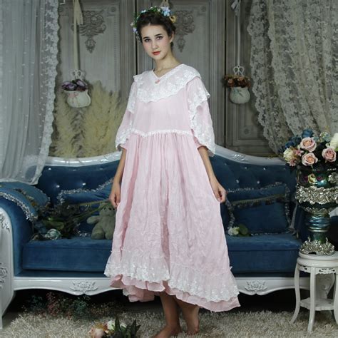 Long Nightgown Vintage Nightdress Women Pink Sleepwear