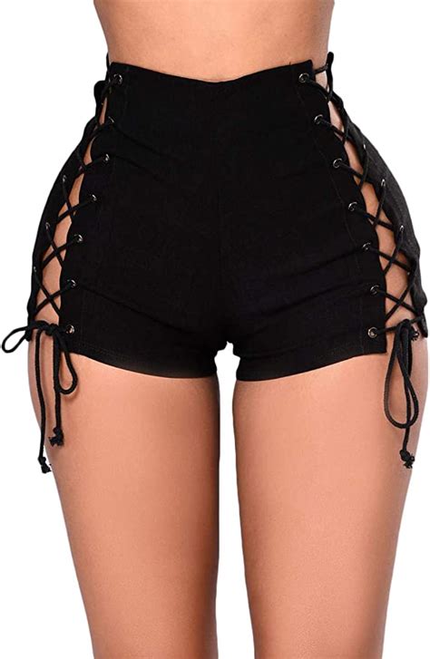 Women Sexy Ripped Side Lace Up Cut Out High Waist Jeans Denim Shorts