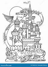 Castle Coloring Dragon Book Vector Adult Drawing Fairy Tattoo Stencil Illustration Medieval Preview sketch template