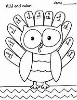 Coloring Addition Digit Thanksgiving Worksheet Single Owl Turkey Worksheets Fall Printable Grade Kindergarten Subject sketch template