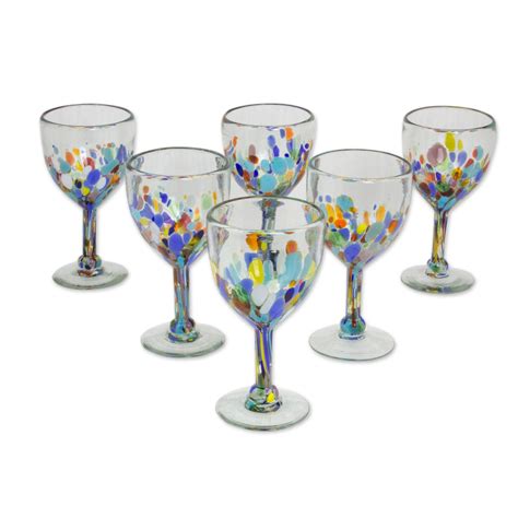 Hand Blown Colorful 8 Oz Wine Glasses Set Of 6 Confetti Festival