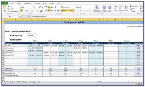 daily work schedule excel template