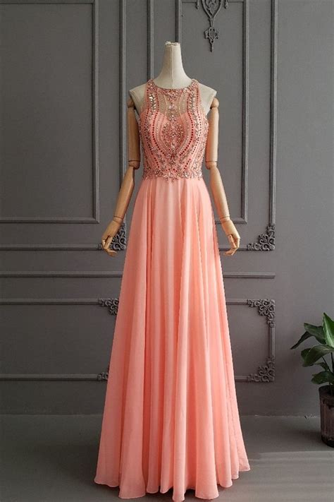 gorgeous long coral chiffon beaded prom party dress high