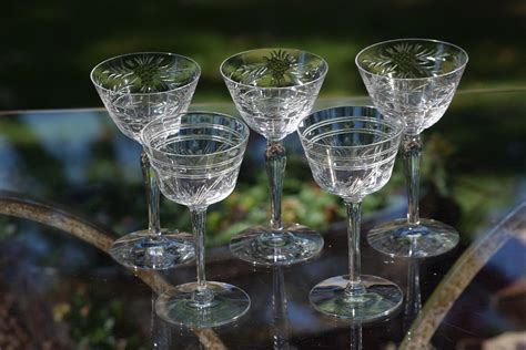 Vintage Etched Crystal Wine ~ Liquor Glasses Set Of 5 Mis Matched 3