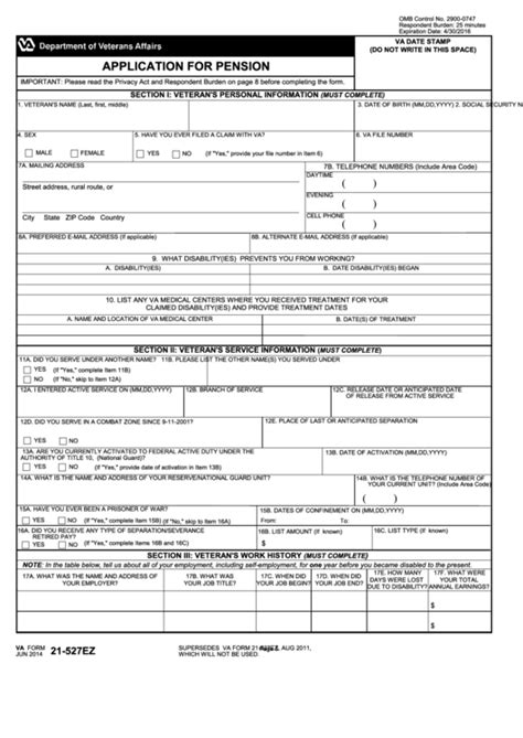 fillable va form 21 527ez application for pension department of