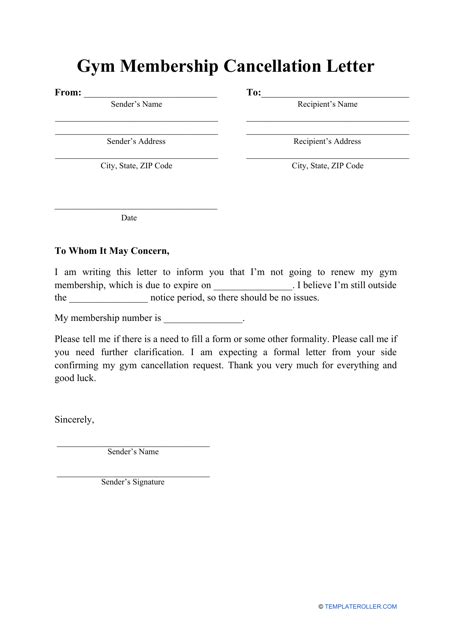 gym membership cancellation letter template  printable