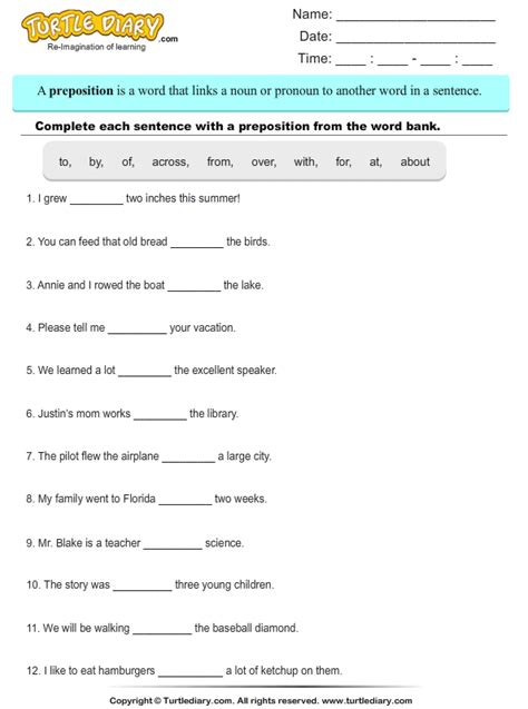 choose  write correct preposition  complete sentences turtle