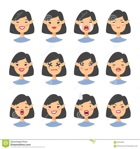 set of asian emoji character cartoon style emotion icons isolated