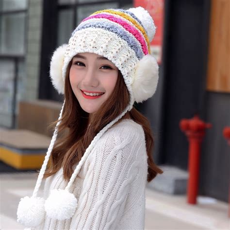 korean women butterfly flower cap female winter warm knitted lovely hat
