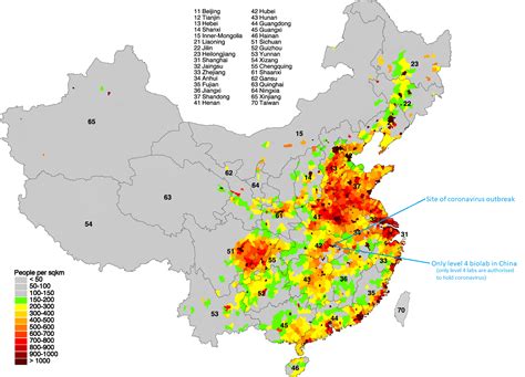 population density map  china  outbreak site  wuhan biolab