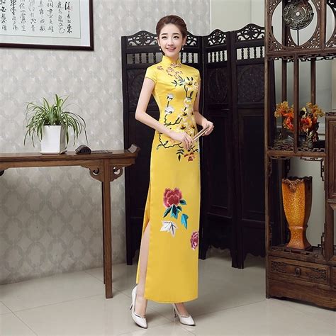 sexy qipao embroidery cheongsam long chinese oriental dresses yellow