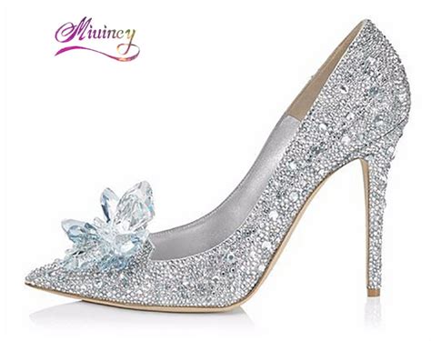 2017 new rhinestone high heels cinderella shoes women pumps pointed toe