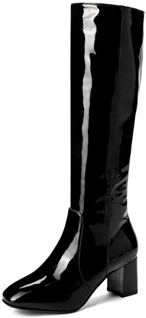 see the yourhero patent leather knee high boots for women 6 cm block
