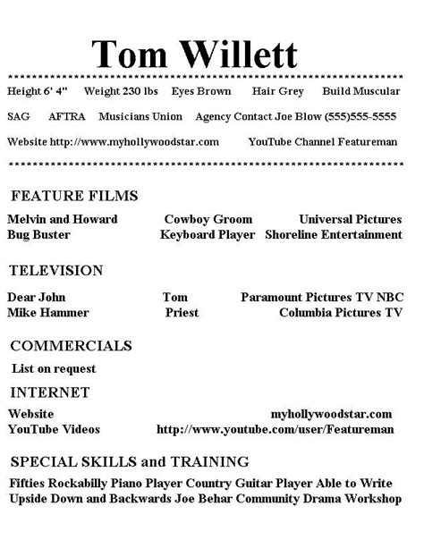 hollywood star resume page
