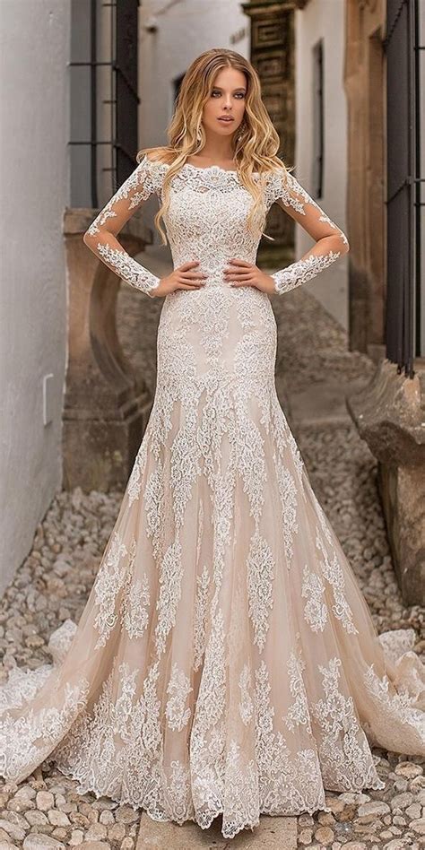 lace wedding dresses fit and flare with illusion long sleeves lace