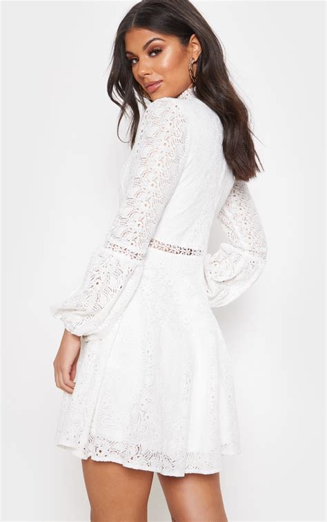white lace long sleeve skater dress dresses prettylittlething il