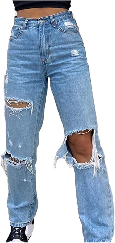 Sanahy Women Distressed Baggy Jeans Ripped High Waist Flare Jeans Wide