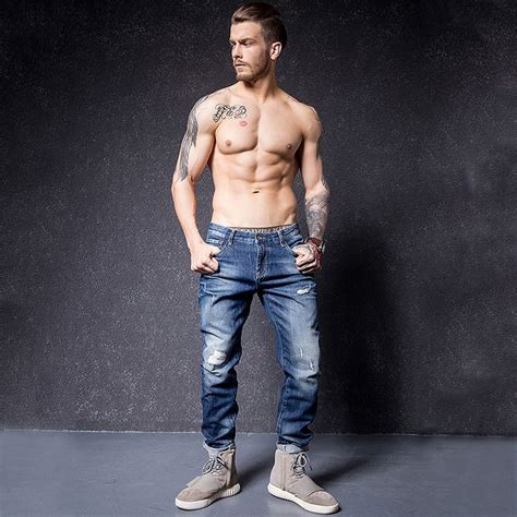 basic power ripped jean men blue warm jeans pants winter male cotton straight slim long skinny