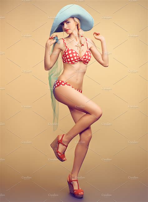 Sexy Pinup Woman Red Dots Swimsuit High Quality Beauty And Fashion