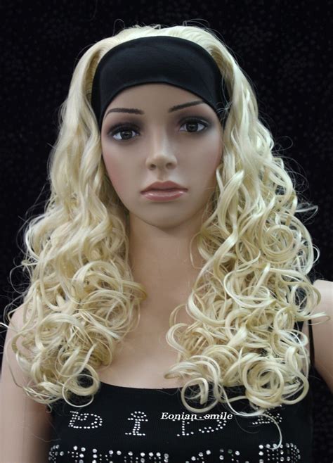 Pale Blonde Long Curly Women Daily 3 4 Half Wig With Headbandparty