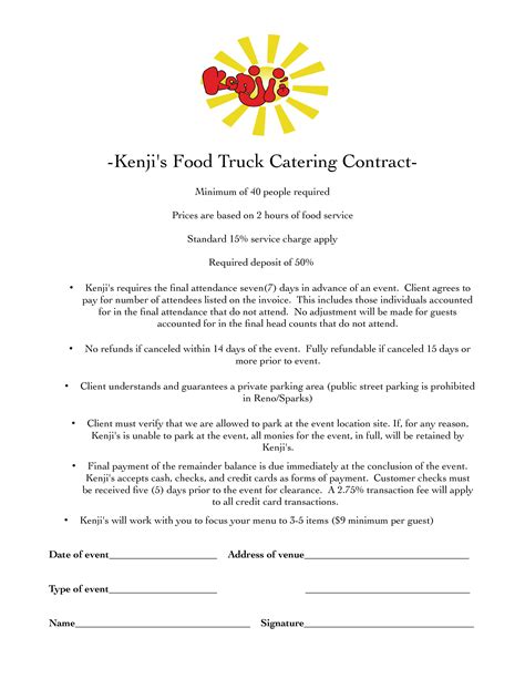printable food truck contract template printable templates