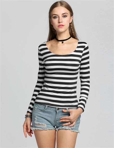 top hot womens striped t shirt long sleeve letters print tops casual o