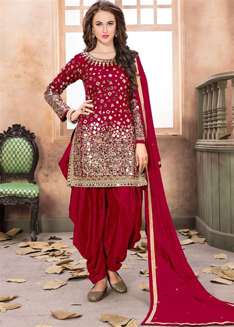 red art silk punjabi salwar suit  dupatta patiala dress patiala salwar suits punjabi