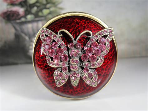 jere trinket box pink rhinestone butterfly burgundy enamel brass