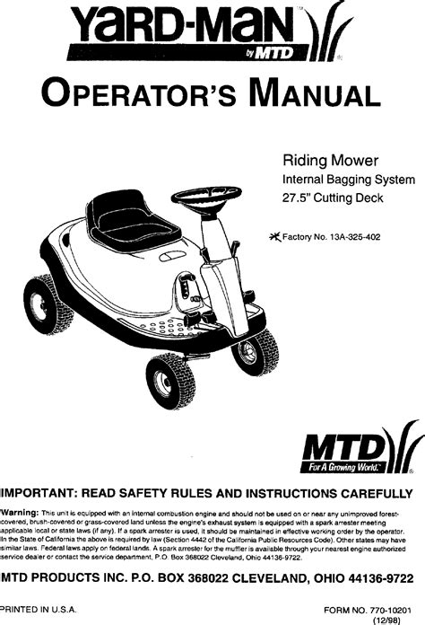 mtd    user manual riding mower manuals  guides